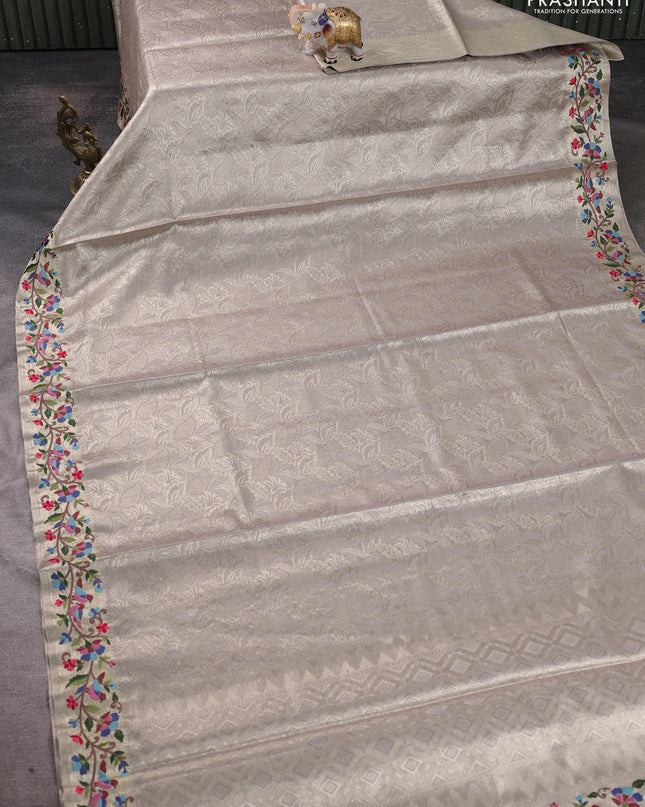 Tissue silk sare gold beige with allover brocade weaves and embroidery work border