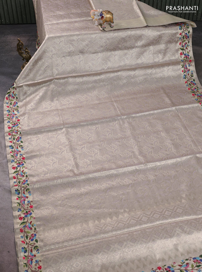 Tissue silk sare gold beige with allover brocade weaves and embroidery work border
