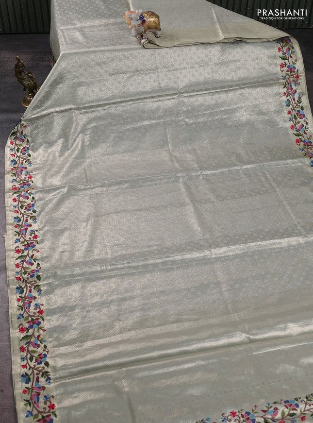 Tissue silk sare pastel grey with allover brocade weaves and embroidery work border