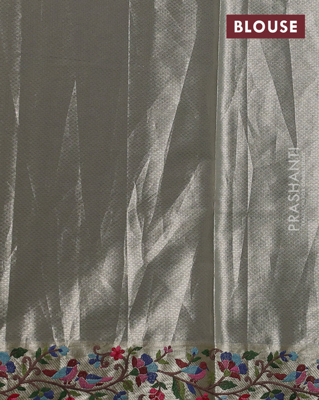 Tissue silk sare pastel grey with allover brocade weaves and embroidery work border