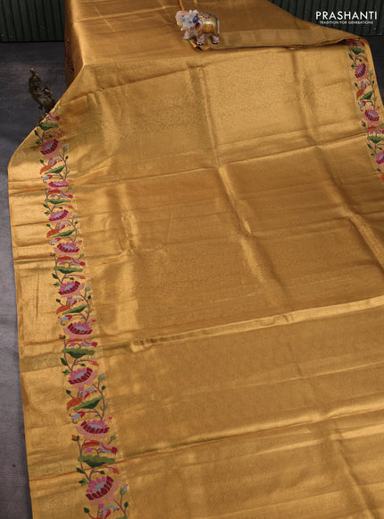 Tissue silk sare gold with allover brocade weaves and embroidery work border