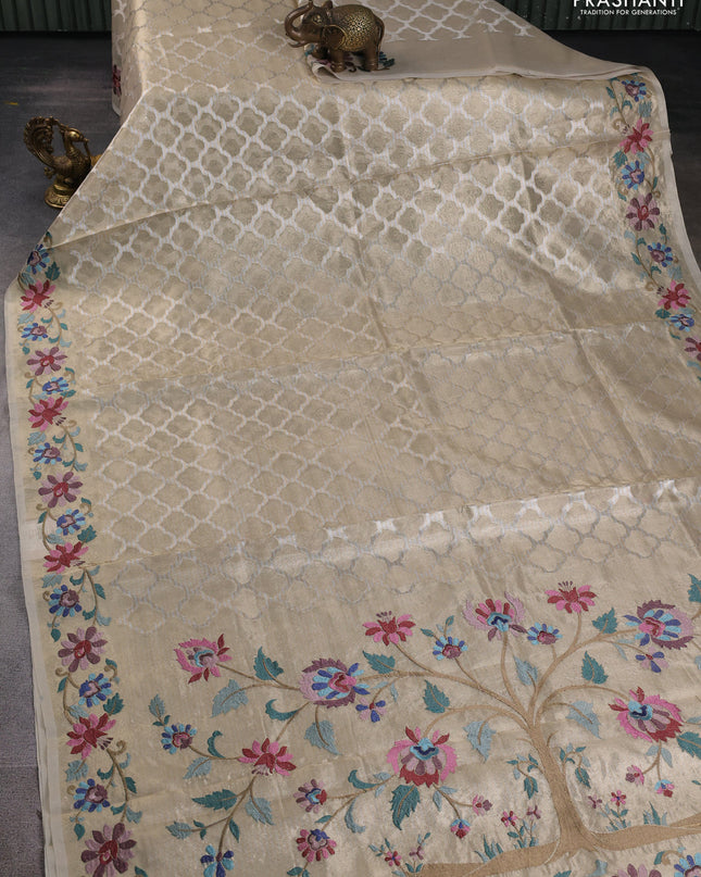 Tissue silk sare pastel grey with allover brocade weaves and embroidery work border