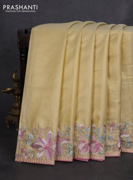 Tissue silk sare gold and rosy brown with plain body and embroidery work border