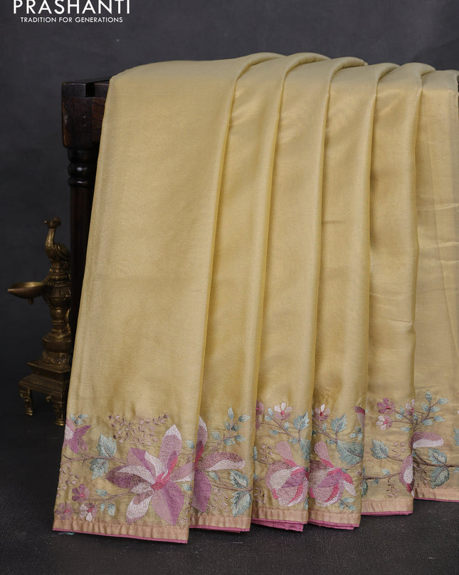 Tissue silk sare gold and rosy brown with plain body and embroidery work border