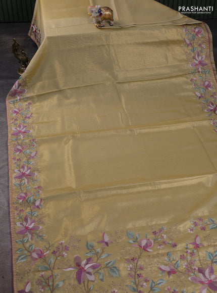 Tissue silk sare gold and rosy brown with plain body and embroidery work border