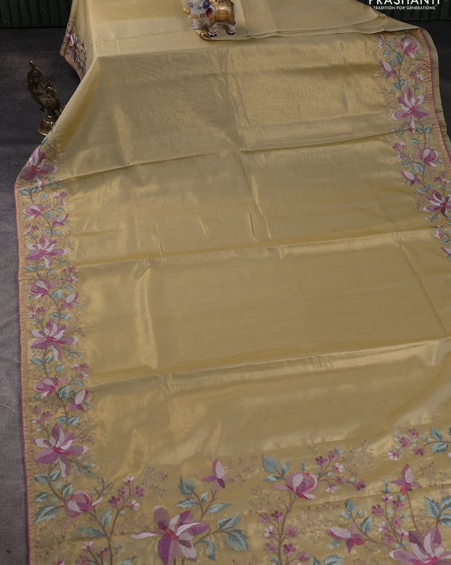 Tissue silk sare gold and rosy brown with plain body and embroidery work border