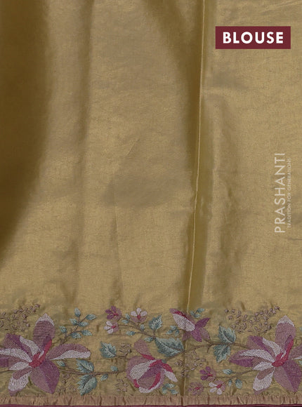 Tissue silk sare gold and rosy brown with plain body and embroidery work border