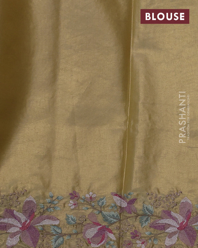 Tissue silk sare gold and rosy brown with plain body and embroidery work border
