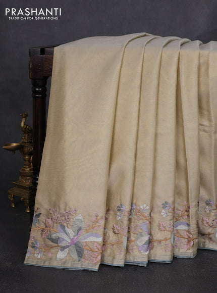 Tissue silk sare beige and grey with plain body and embroidery work border