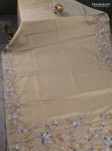Tissue silk sare beige and grey with plain body and embroidery work border