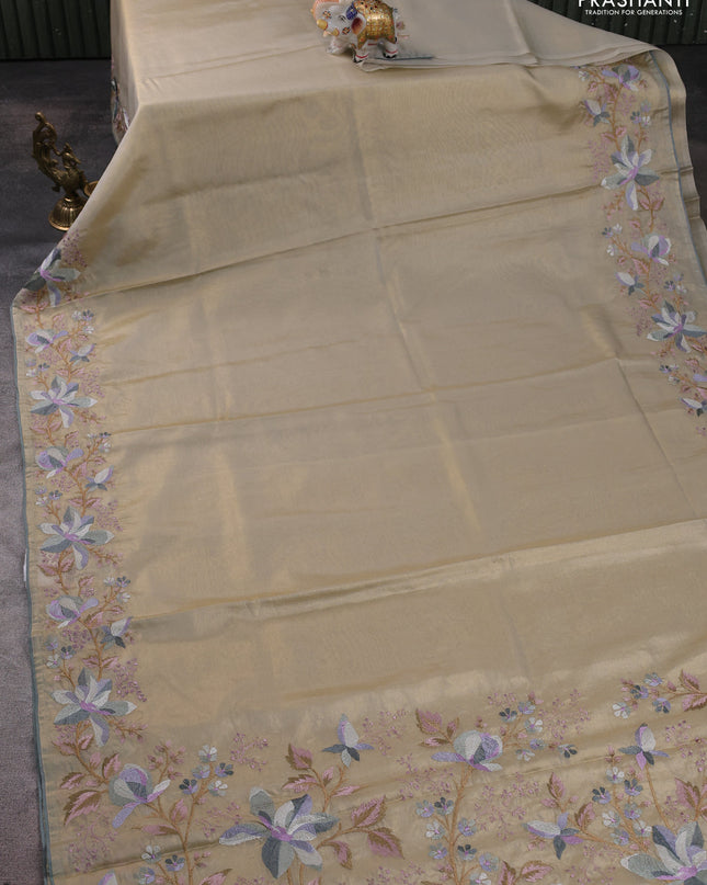 Tissue silk sare beige and grey with plain body and embroidery work border