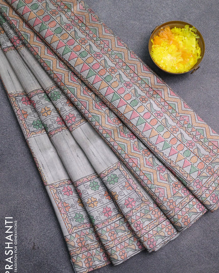 Semi tussar saree grey with allover mathubani prints & kantha stitch work