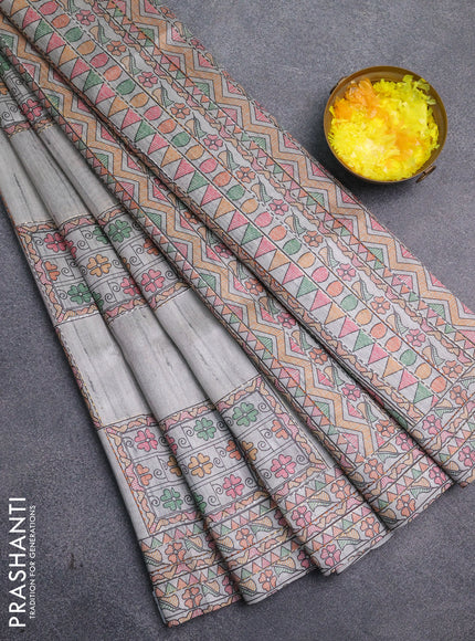 Semi tussar saree grey with allover mathubani prints & kantha stitch work