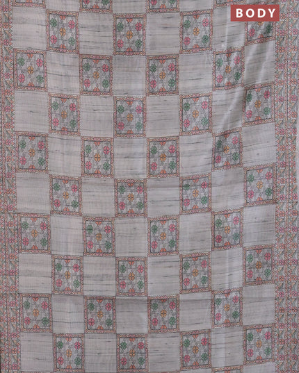 Semi tussar saree grey with allover mathubani prints & kantha stitch work