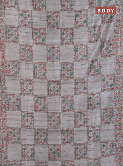 Semi tussar saree grey with allover mathubani prints & kantha stitch work