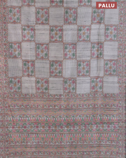 Semi tussar saree grey with allover mathubani prints & kantha stitch work