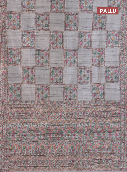 Semi tussar saree grey with allover mathubani prints & kantha stitch work