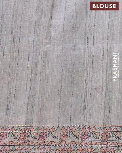 Semi tussar saree grey with allover mathubani prints & kantha stitch work