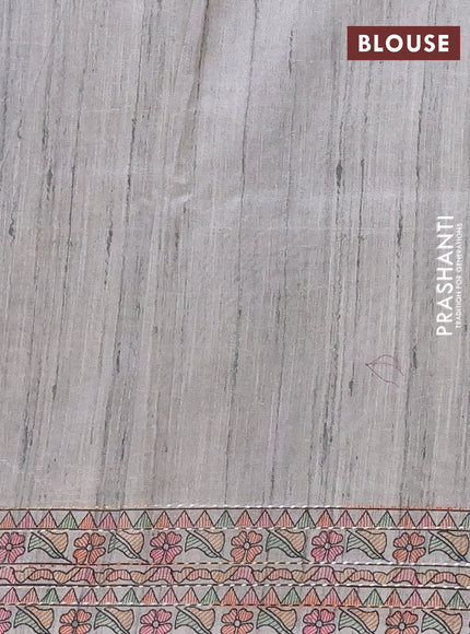 Semi tussar saree grey with allover mathubani prints & kantha stitch work