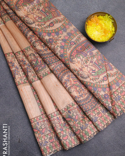 Semi tussar saree orange with allover mathubani prints & kantha stitch work