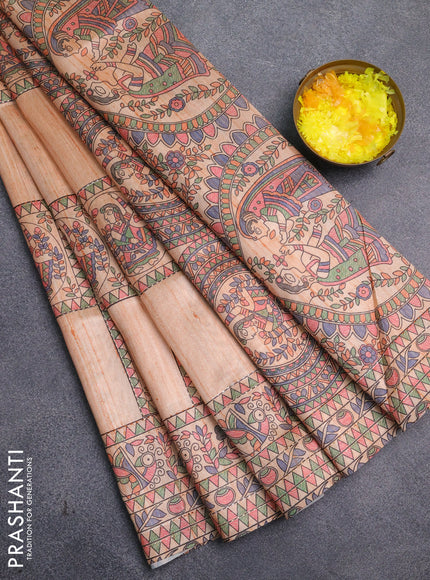 Semi tussar saree orange with allover mathubani prints & kantha stitch work