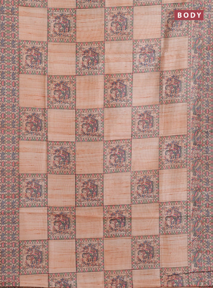 Semi tussar saree orange with allover mathubani prints & kantha stitch work
