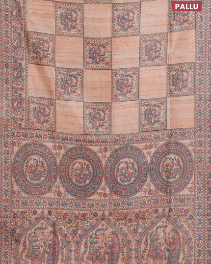 Semi tussar saree orange with allover mathubani prints & kantha stitch work