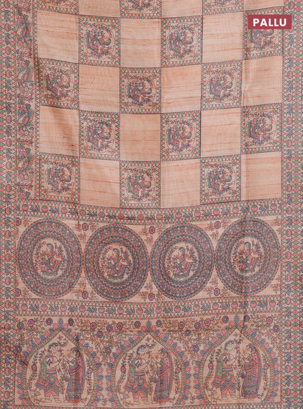 Semi tussar saree orange with allover mathubani prints & kantha stitch work