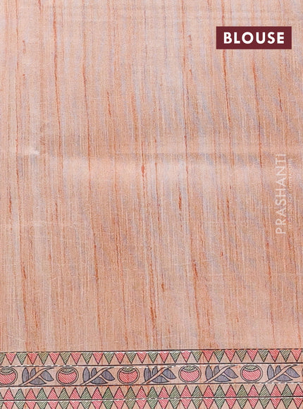 Semi tussar saree orange with allover mathubani prints & kantha stitch work