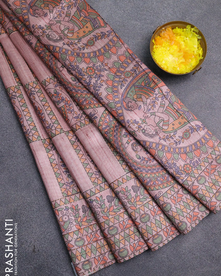 Semi tussar saree pastel pink with allover mathubani prints & kantha stitch work