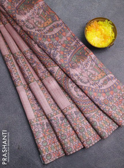 Semi tussar saree pastel pink with allover mathubani prints & kantha stitch work