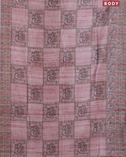 Semi tussar saree pastel pink with allover mathubani prints & kantha stitch work