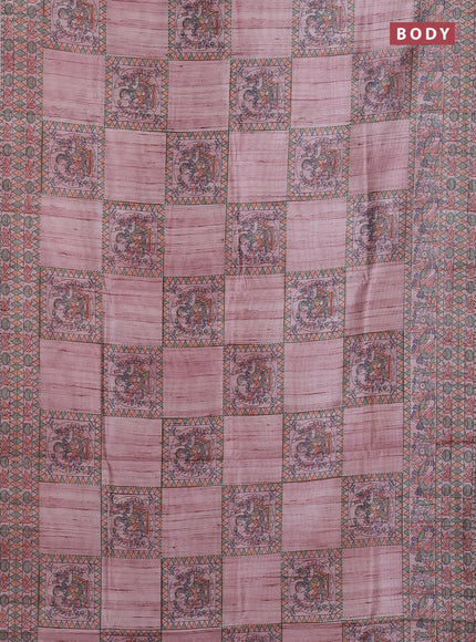 Semi tussar saree pastel pink with allover mathubani prints & kantha stitch work