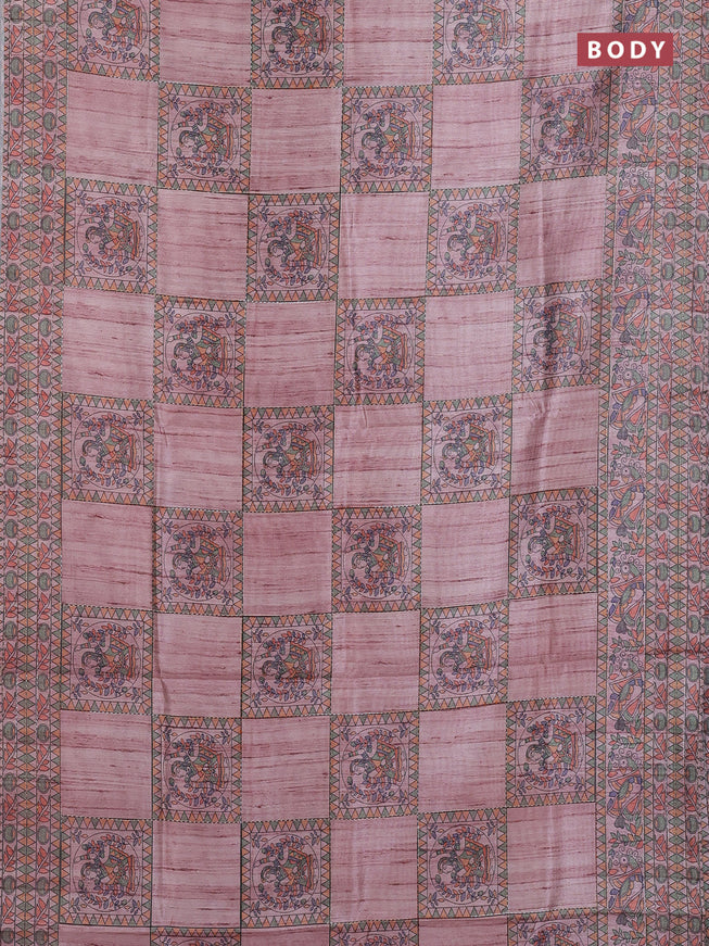 Semi tussar saree pastel pink with allover mathubani prints & kantha stitch work