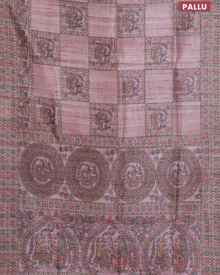 Semi tussar saree pastel pink with allover mathubani prints & kantha stitch work