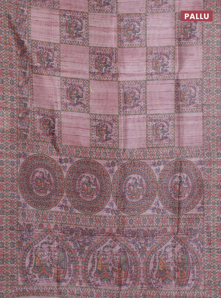 Semi tussar saree pastel pink with allover mathubani prints & kantha stitch work