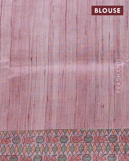 Semi tussar saree pastel pink with allover mathubani prints & kantha stitch work