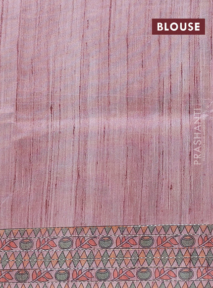 Semi tussar saree pastel pink with allover mathubani prints & kantha stitch work
