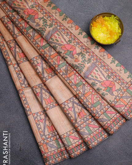 Semi tussar saree orange with allover mathubani prints & kantha stitch work