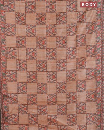 Semi tussar saree orange with allover mathubani prints & kantha stitch work
