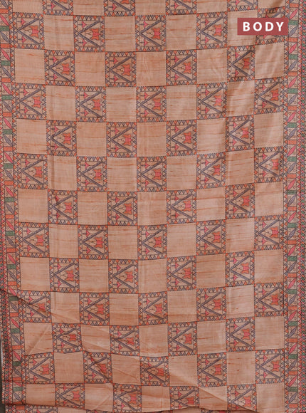 Semi tussar saree orange with allover mathubani prints & kantha stitch work