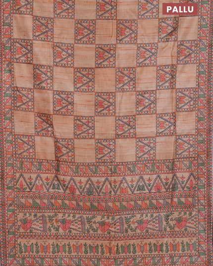 Semi tussar saree orange with allover mathubani prints & kantha stitch work