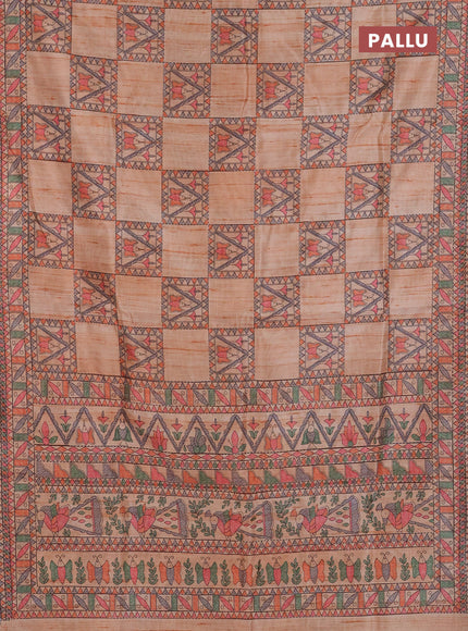 Semi tussar saree orange with allover mathubani prints & kantha stitch work