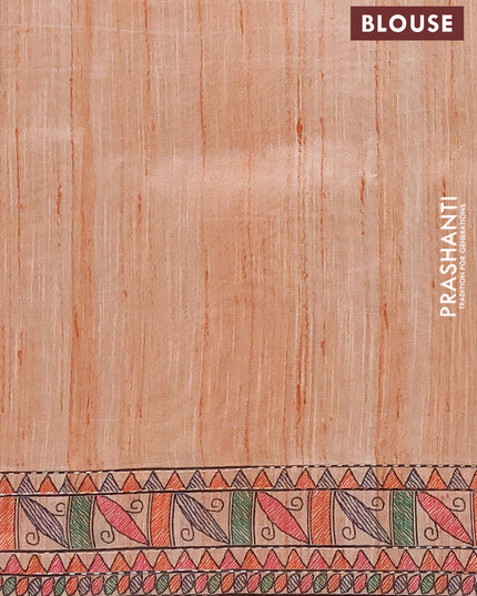 Semi tussar saree orange with allover mathubani prints & kantha stitch work