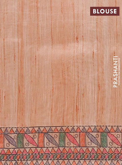 Semi tussar saree orange with allover mathubani prints & kantha stitch work