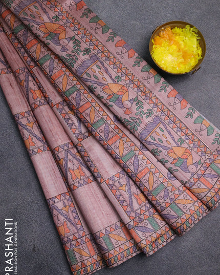 Semi tussar saree pastel pink with allover mathubani prints & kantha stitch work