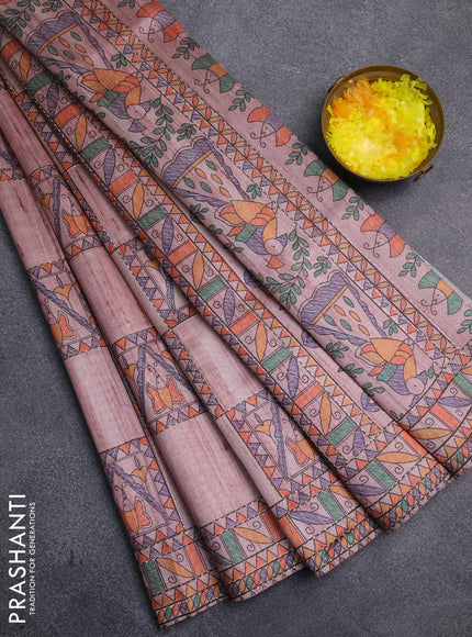 Semi tussar saree pastel pink with allover mathubani prints & kantha stitch work