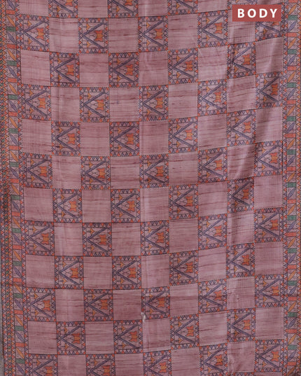 Semi tussar saree pastel pink with allover mathubani prints & kantha stitch work