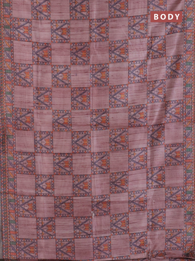 Semi tussar saree pastel pink with allover mathubani prints & kantha stitch work