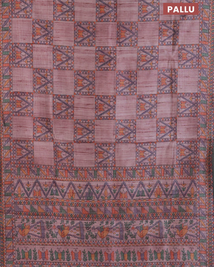 Semi tussar saree pastel pink with allover mathubani prints & kantha stitch work